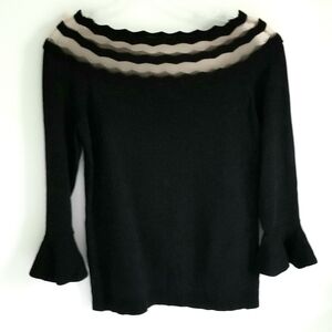 Lucy Paris black knit semi-sheer top ric rac scallop neckline